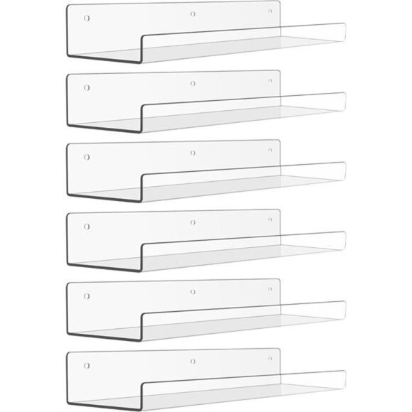 6 Pack Acrylic Shelves for Wall Storage, 15" x 4“ Floating Bookshelves for Kids - Picture 1 of 7